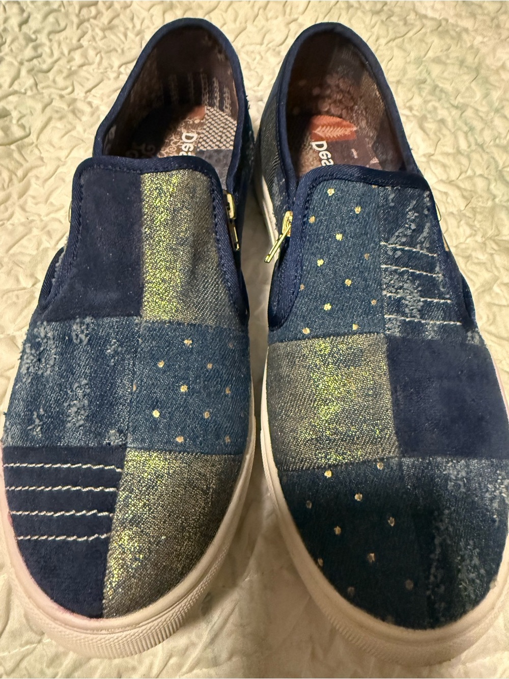 Desigual Navy Blue Patchwork Slip-On Flats with Gold Accents